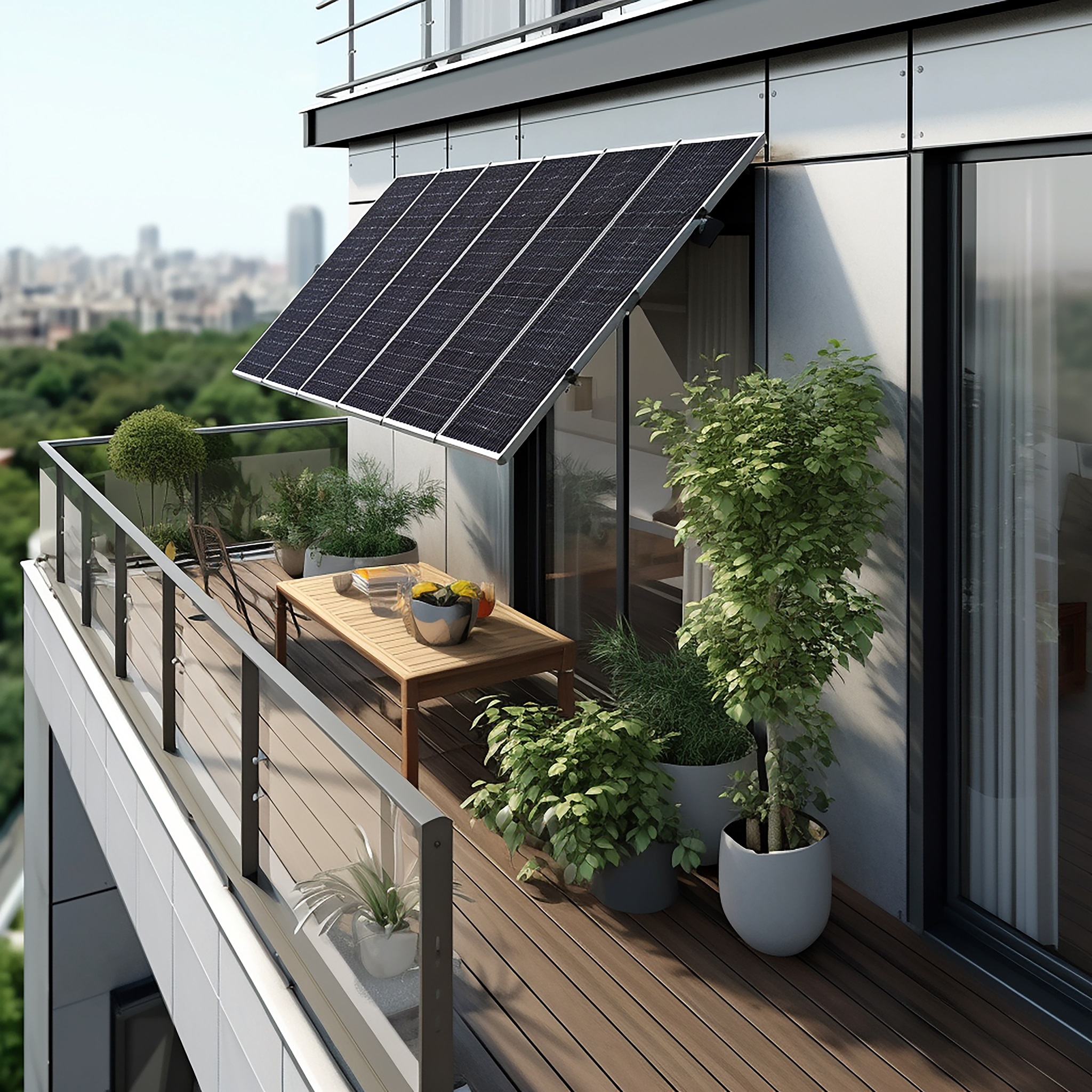 Plug and play solar panels for easy installation on a building balcony, or on the railing of a building balcony